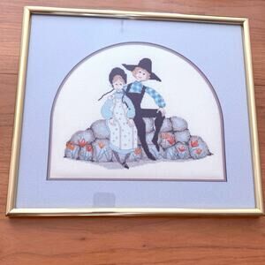 Happy Together Cross Stitch Finished Matted Brass Frame 17 x 15 P. Buckley Moss